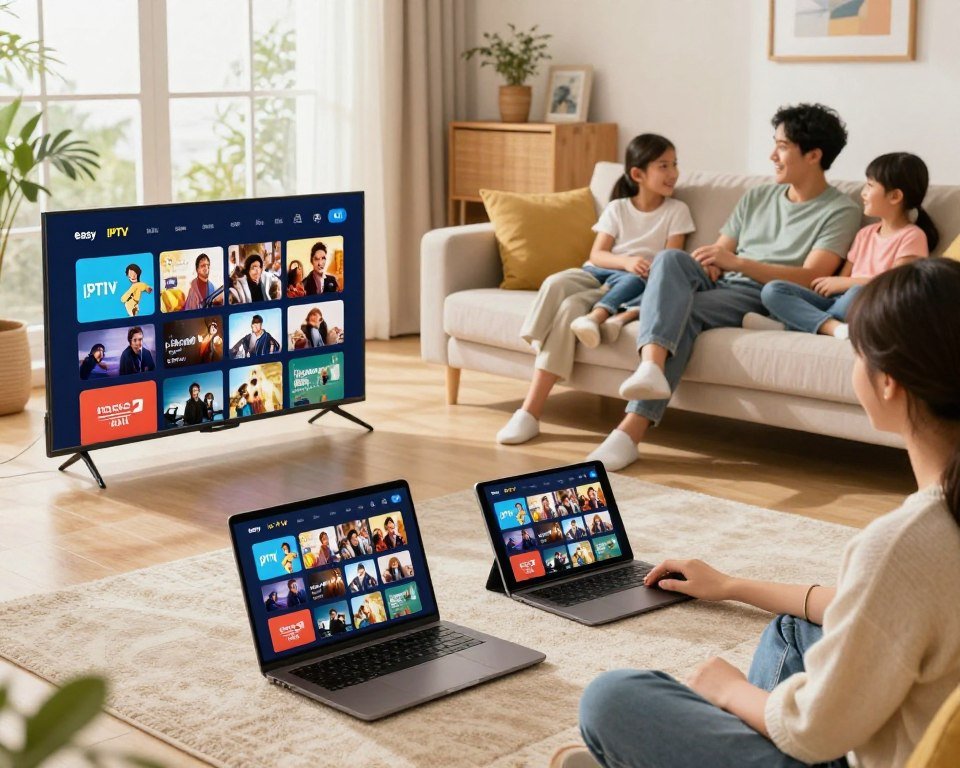 A bright and inviting living room scene showcasing an easy IPTV setup on multiple devices. In the foreground, a sleek TV displays a vibrant IPTV interface with colorful thumbnails of live TV shows and movies. Next to it, a laptop and a tablet are open, both connected to the same IPTV service, demonstrating user-friendly apps. In the middle ground, a family casually lounges on a stylish couch, dressed in comfortable yet modest clothing, happily engaged with the devices. The background features cheerful decor and a sunny window, allowing natural light to fill the space, creating a warm and welcoming atmosphere. The angle is slightly elevated, capturing the interaction from a family-centric perspective.