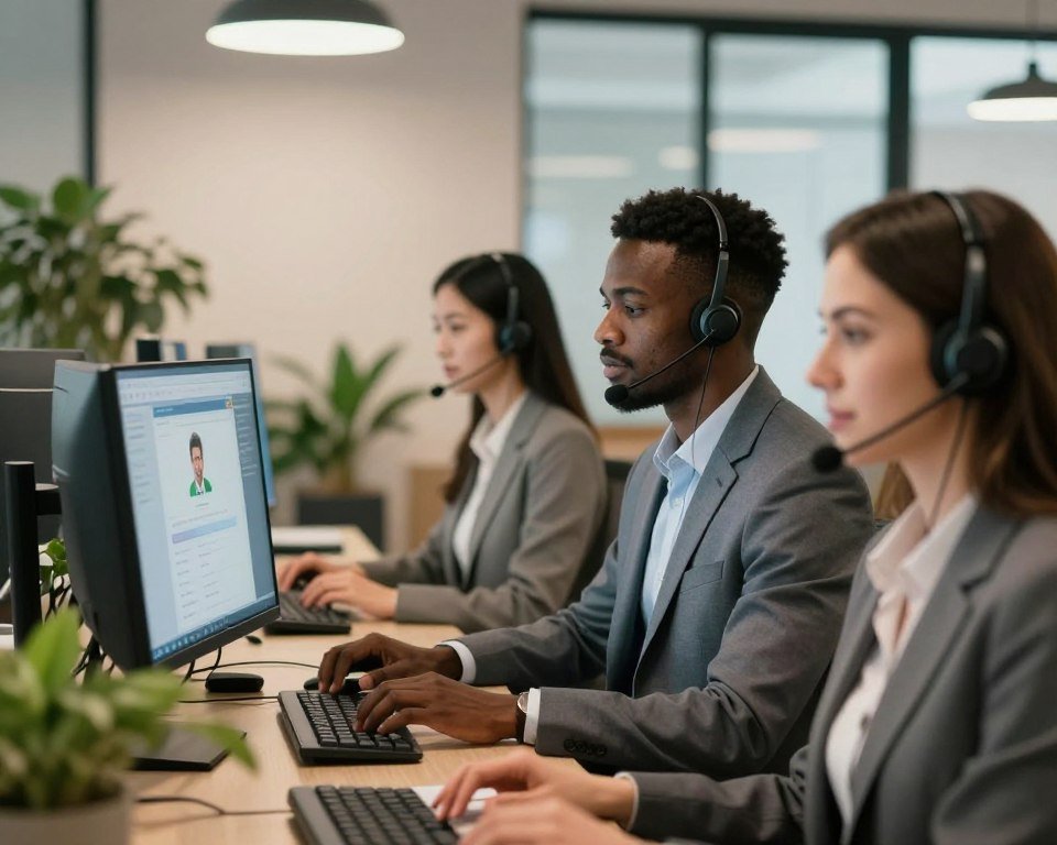 A busy customer support center with representatives assisting clients. In the foreground, a diverse group of three professional staff members—one Asian female, one Black male, and one Caucasian female—are engaged in conversations over headsets. They display focused expressions, wearing smart business attire. In the middle ground, computer screens with customer service software create a sense of activity, while green plants provide a touch of warmth. The background features a calming, well-lit office space, with soft overhead lighting and large windows that let in natural light. Capture an atmosphere of reliability and professionalism, showcasing a commitment to high-quality service and attentive customer support in a modern office setting.