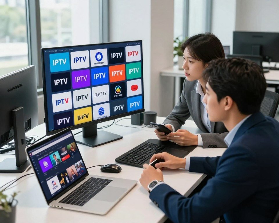 A clean and modern workspace, featuring three professional individuals in modest business attire, engaged in a discussion about licensed IPTV services. In the foreground, a sleek laptop displaying a streaming interface. In the middle, a large screen showing a collage of IPTV provider logos, including vibrant colors that suggest reliability and high-quality service. The background features a contemporary office setting with large windows allowing natural light to flood the room, giving an inviting atmosphere. The lighting is bright and evenly balanced, creating a sense of professionalism and innovation. The angle is slightly overhead, capturing the team's focused expressions and the digital devices nearby, symbolizing seamless, buffer-free streaming.