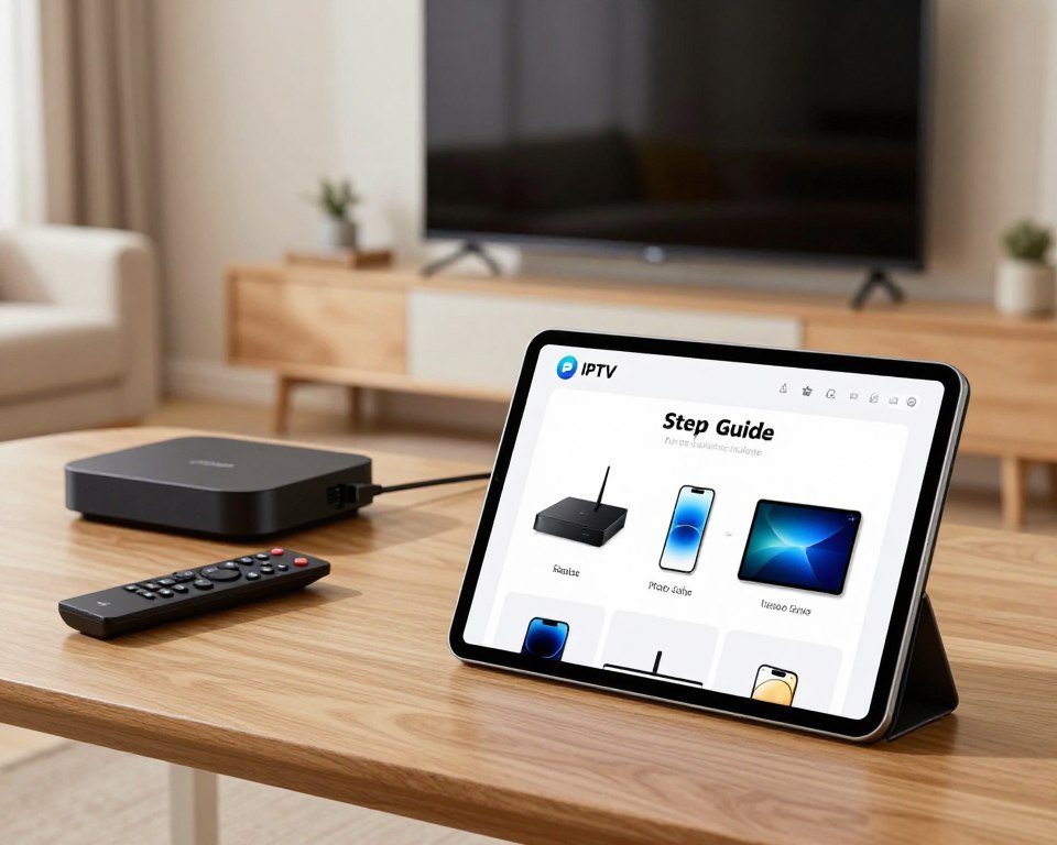 A clean and organized workspace showcasing an IPTV setup guide. In the foreground, a modern tablet displaying a step-by-step guide with illustrated icons representing different devices like smart TVs, smartphones, and tablets. The middle ground features a sleek streaming device and a remote control, accompanied by cables neatly arranged. The background depicts a well-lit room with a large flat-screen TV mounted on the wall and a cozy sofa, creating a home entertainment atmosphere. Soft, even lighting enhances the clarity of the screen and devices. The angle captures the guide prominently while emphasizing the convenience of multi-device streaming. The overall mood is informative and inviting, perfect for tech-savvy users looking to streamline their IPTV experience.