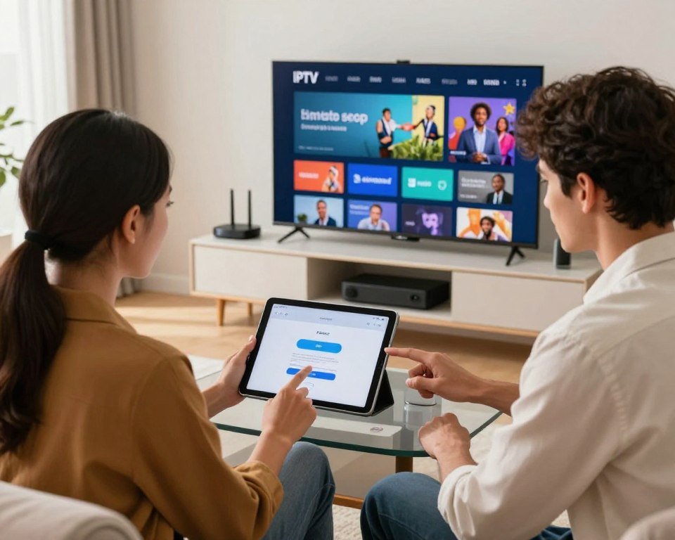 A clean, modern living room setting, featuring a sleek flat-screen TV displaying a vibrant IPTV interface. In the foreground, a diverse group of two individuals—a man and a woman—are attentively working together on a tablet, navigating through the simplified installation activation process. They are dressed in smart casual clothing, radiating a sense of professionalism and teamwork. The middle ground showcases various tech gadgets like a streaming device and Wi-Fi router, arranged neatly on a stylish media console. In the background, soft, natural lighting filters through a large window, creating a warm and inviting atmosphere. The overall mood is one of ease and innovation, emphasizing a hassle-free entertainment setup experience. No text or illustrations present.