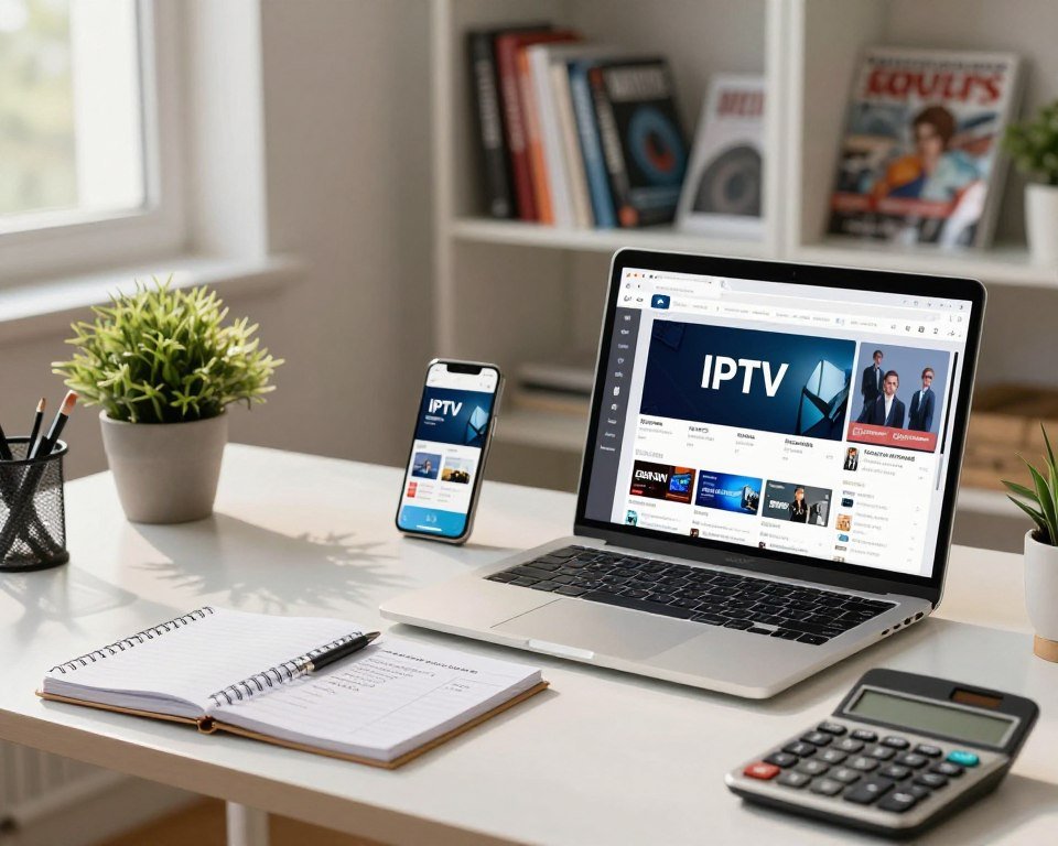 A cluttered yet organized workspace with a futuristic feel, showcasing a laptop open to a bright IPTV channel list. The foreground features a notepad and a calculator, calculating costs, symbolizing the budgeting aspect. In the middle, there’s a modern desk with a potted plant and a smartphone displaying streaming apps, emphasizing technology. The background contains a soft-focus bookshelf filled with tech guides and entertainment magazines, indicating research and choice. Warm, natural lighting filters in from a window, casting gentle shadows, creating a cozy atmosphere of contemplation. The scene conveys a professional yet approachable vibe, highlighting the importance of planning and budgeting for IPTV services. No people are present in the image, keeping the focus on the items on the desk.