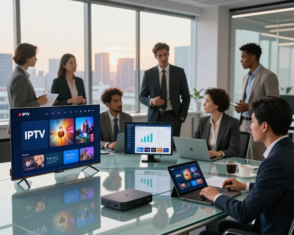 A comparative analysis of various IPTV providers, set in a sleek, modern office environment. In the foreground, a sophisticated glass table displays digital devices like smart TVs, streaming boxes, and tablets showcasing IPTV interfaces. The middle ground features a diverse group of professionals in business attire, engaged in an animated discussion, analyzing charts and graphs on laptops. In the background, large windows reveal a city skyline under soft afternoon lighting, casting a warm glow that enhances the atmosphere of collaboration and innovation. The mood is focused yet dynamic, capturing the essence of a buyer’s guide for IPTV services in Canada. Ensure a clutter-free composition with a clean and organized layout.