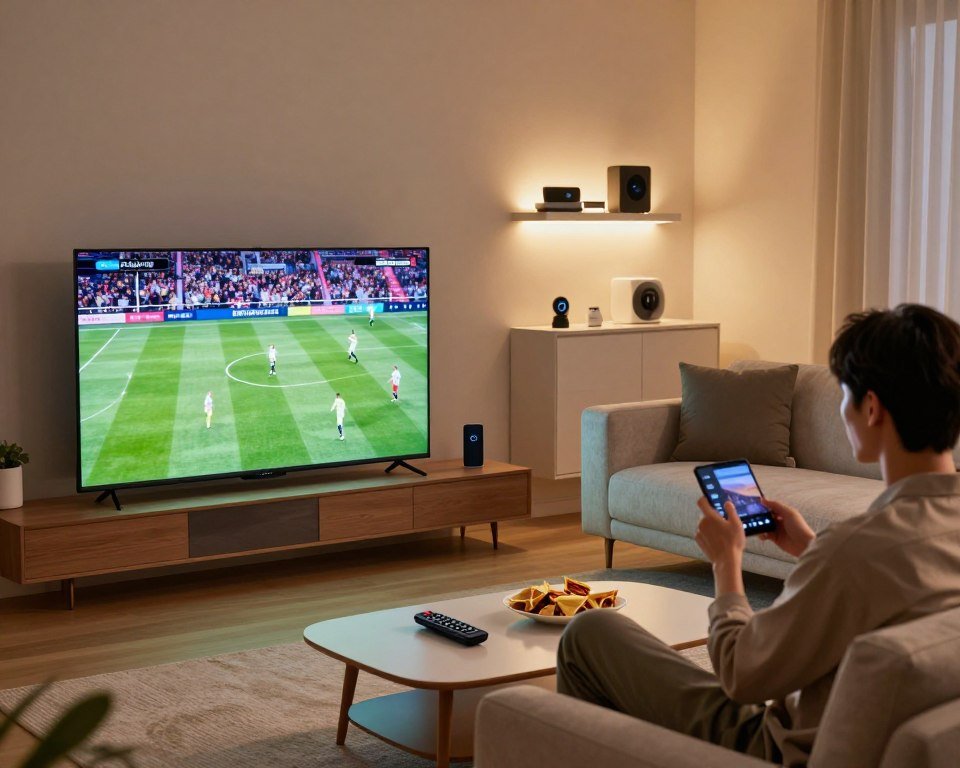 A cozy and modern living room setting focused on optimizing the streaming experience. In the foreground, a sleek, high-tech smart TV displays vibrant, dynamic scenes from live sports, with a remote control and snacks on a stylish coffee table. In the middle ground, a person in professional casual attire, sitting comfortably on a stylish sofa, is intently engaged with their device, focusing on the screen. The background features a tastefully decorated room with soft ambient lighting, projecting a warm and inviting atmosphere. Subtle details like a wall-mounted shelf with streaming service logos and smart home devices enhance the scene. Capture this moment from a slightly elevated angle to emphasize the cozy, tech-savvy environment, ensuring a clean, clutter-free composition.