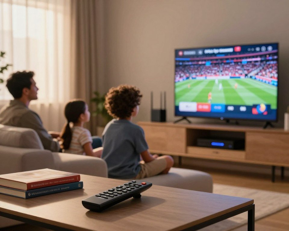 A cozy home living room setting, featuring a modern smart TV displaying high-quality IPTV streaming. In the foreground, a sleek remote control sits on a stylish coffee table, surrounded by a couple of books on tech tips. In the middle ground, a family of diverse individuals—two adults dressed in casual yet professional attire—are seated comfortably on a plush sofa, intently watching a sports event. The background includes a soft-lit, inviting ambiance with warm light filtering through a window, illuminating the space. Farther back, on a shelf, a high-tech router and network devices glow subtly, symbolizing optimized internet speed. The overall atmosphere conveys comfort and engagement, highlighting the importance of quality streaming for an enhanced IPTV experience.