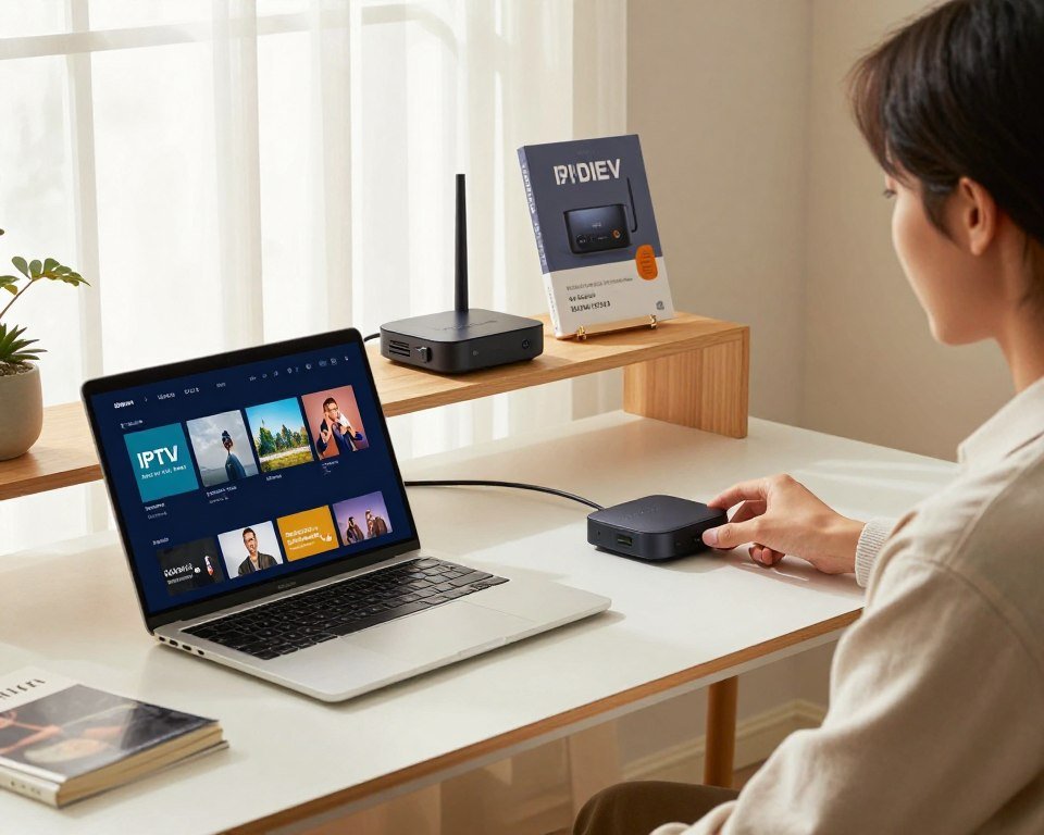 A cozy home office setup showcasing an effortless streaming installation process. In the foreground, a sleek modern desk with a laptop powered on, displaying a user-friendly IPTV interface. Beside the laptop, a user—dressed in professional casual attire—happily connecting cables to a small streaming device. In the middle ground, a well-organized shelf holds various streaming devices and a guidebook on installation. The background features a bright window with natural light filtering through sheer curtains, creating a warm and inviting atmosphere. Use soft, diffused lighting to enhance a sense of comfort and ease. Capture the scene from a slightly elevated angle, emphasizing the clarity of the setup process while keeping the overall feel light and approachable.