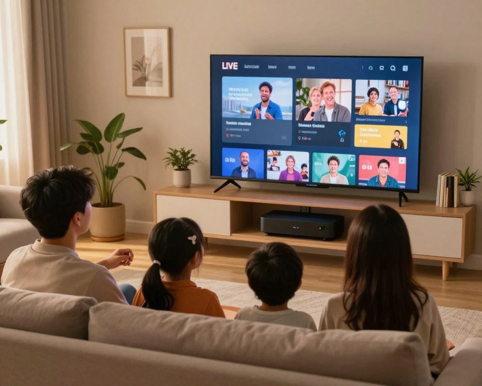 A cozy living room featuring a modern entertainment setup with a large flat-screen TV displaying an intuitive live streaming interface. In the foreground, a family of four, dressed in casual, comfortable clothing, is gathered on a plush sofa, fully engaged in watching their favorite show, showcasing expressions of joy and connection. The middle ground highlights a sleek streaming device connected to the TV, with flickering images reflecting a seamless streaming experience. The background is softly lit with warm ambient lighting, giving a homely atmosphere, and framed by subtle decor items like plants and bookshelves. The overall mood is inviting and relaxed, underscoring the theme of smooth, uninterrupted entertainment that resonates with viewers enjoying live TV online.