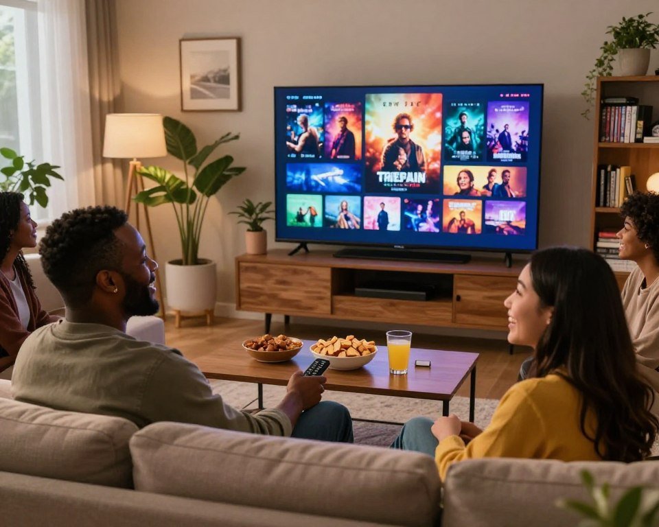 A cozy living room scene showcasing a diverse group of individuals enjoying IPTV streaming. In the foreground, a middle-aged Black man and a young Asian woman sit on a comfortable couch, both smiling as they watch a large screen displaying an array of colorful movie posters and series thumbnails. In the middle, a coffee table is adorned with snacks and drinks, and a remote control is in the man's hand. The background features a well-lit room with decorative plants and a bookshelf filled with DVDs and books, creating a warm and inviting atmosphere. Soft, ambient lighting enhances the mood, evoking a sense of connection and entertainment. Use a slightly angled perspective, capturing the vibrancy of the content and the excitement on the viewers' faces.