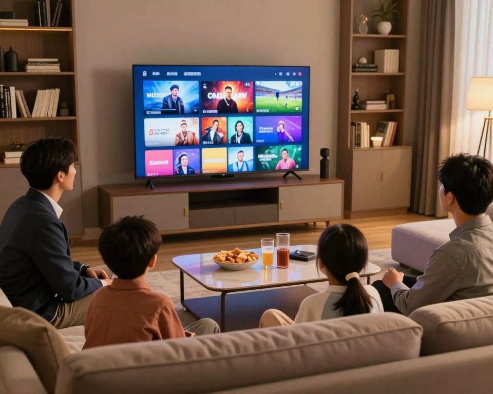 A cozy living room scene that captures a robust streaming experience, with a sleek modern television displaying vibrant, colorful channels showcasing a variety of shows and sports. In the foreground, a family of four, dressed in professional casual attire, sits comfortably on a plush sofa, captivated by their viewing options. The middle layer features an elegantly designed coffee table with snacks and drinks enhancing the relaxed atmosphere. The background reveals a stylish bookshelf filled with books and decorative items, while soft, warm lighting bathes the room, creating an inviting ambiance. The angle highlights the family's expressions of enjoyment, emphasizing the extensive channel variety and engaging streaming experience they are sharing.