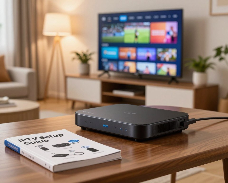 A cozy living room setting featuring a modern entertainment center with a sleek IPTV streaming device on a polished table. In the foreground, show a well-organized guidebook titled "IPTV Setup Guide" with icons illustrating key setup steps like connecting cables and WiFi. In the middle, visualize a TV screen displaying a vibrant IPTV interface with live sports and channels, surrounded by comfortable seating. The background includes soft lighting from table lamps, creating a warm atmosphere, and houseplants for a touch of life. Capture this scene from a slightly elevated angle to emphasize the device and monitor, while evoking a sense of ease and accessibility in setting up IPTV service.