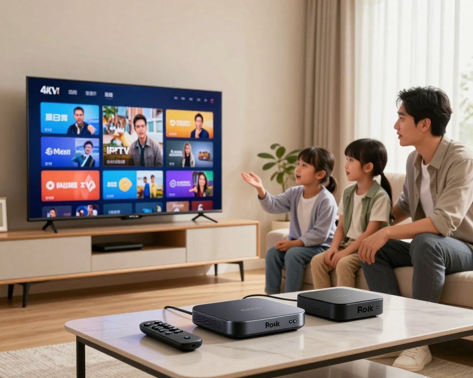 A cozy living room setting featuring a modern television displaying vibrant IPTV content in stunning 4K resolution. In the foreground, a sleek coffee table holds various streaming devices like a smart TV box, Chromecast, and Roku, neatly arranged with user-friendly remotes beside them. In the middle, a family of four, dressed in professional casual attire, examines the devices with interest and excitement, engaged in thoughtful discussion. The background shows a warm, well-lit environment with soft natural light coming through a window, creating an inviting atmosphere. The image captures a sense of exploration and decision-making as the family deliberates on the best IPTV device for their viewing needs, underlining the importance of selecting the right technology for an optimal experience.