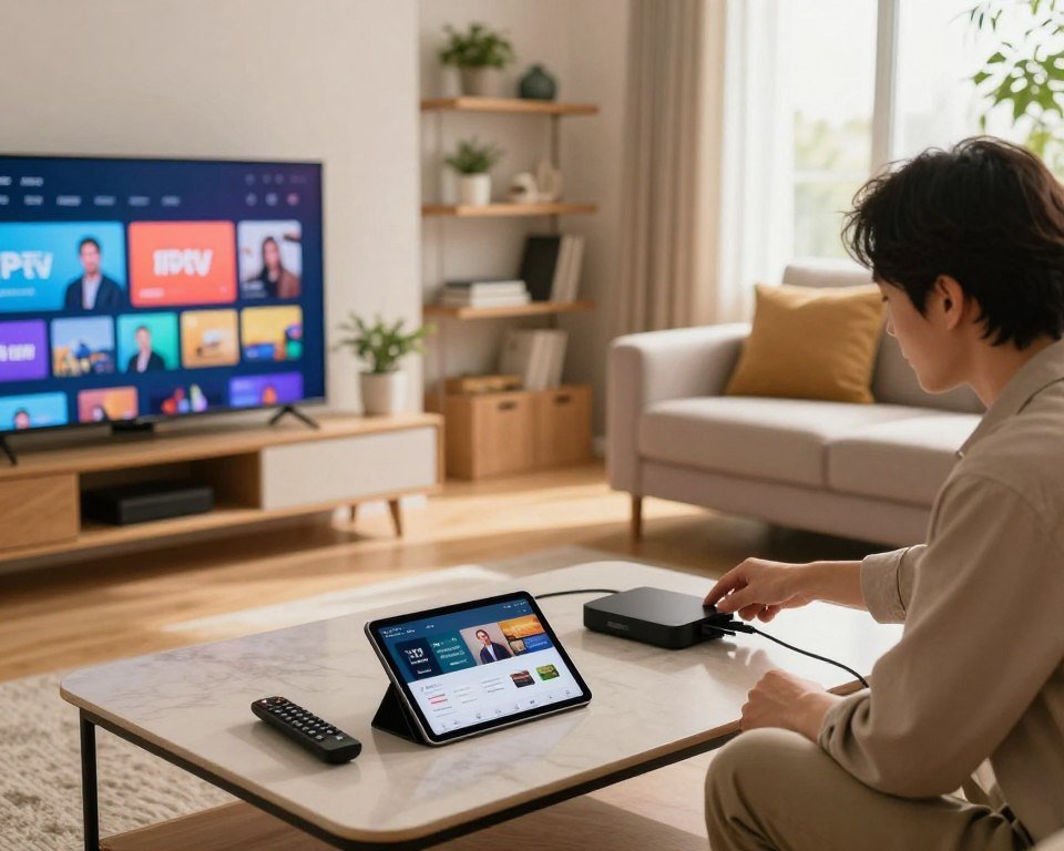 A cozy, modern living room featuring a sleek TV displaying an IPTV interface in vibrant colors. In the foreground, a stylish coffee table holds a remote control and an open tablet showing a streaming service setup guide. A user, dressed in casual but professional attire, attentively connects cables from a set-top box to the TV, focused on the task. The middle ground showcases a comfortable sofa and decorative shelves with plants and books, creating a warm atmosphere. In the background, soft, natural light streams through a large window, illuminating the room and enhancing the inviting mood. The angle captures the scene from slightly above, highlighting the setup process as simple and approachable.
