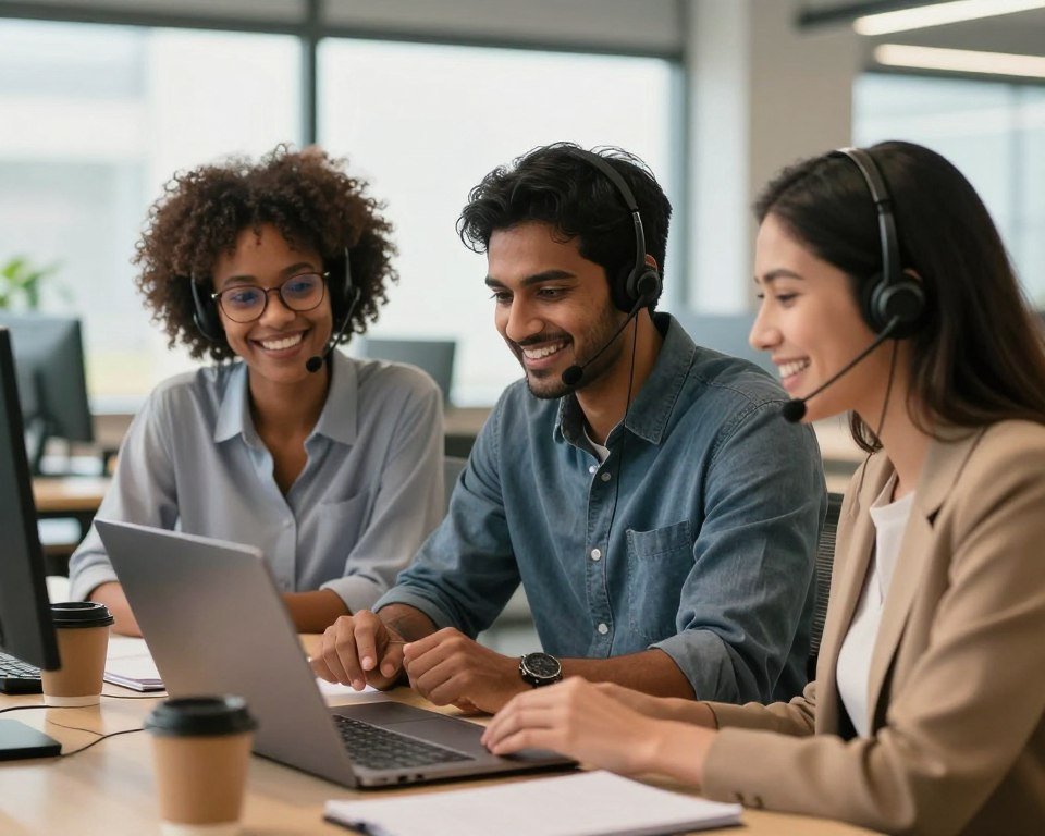 A dedicated customer support team in a modern office environment, focusing on a diverse group of three professionals: a Black woman with glasses, a South Asian man, and a Hispanic woman, all engaged in a lively discussion around a laptop. The foreground features their smiling faces, showcasing teamwork and collaboration. In the middle ground, the office includes a clean workspace with headsets, notepads, and coffee cups. The background reveals a bright, inviting office with large windows letting in natural light, creating an uplifting atmosphere. The lighting is warm and professional, emphasizing a sense of approachability and competence. The overall mood is positive and supportive, highlighting the commitment to helping customers effectively.