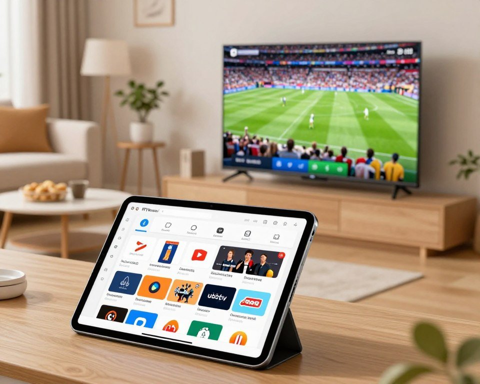 A detailed illustration of a device compatibility setup guide for IPTV services, showcasing a sleek tablet connected to a modern smart TV. In the foreground, the tablet displays a user-friendly interface with icons for various streaming services. In the middle ground, the smart TV shows a vivid image of a sports event, symbolizing live sports streaming. The background features a cozy living room, with soft lighting illuminating a comfortable sofa, a coffee table with snacks, and a decorative plant. The scene conveys a warm and inviting atmosphere, ideal for enjoying sports with family and friends. Utilize a slightly elevated angle to capture both devices clearly, emphasizing clarity and ease of use without any text or overlays.