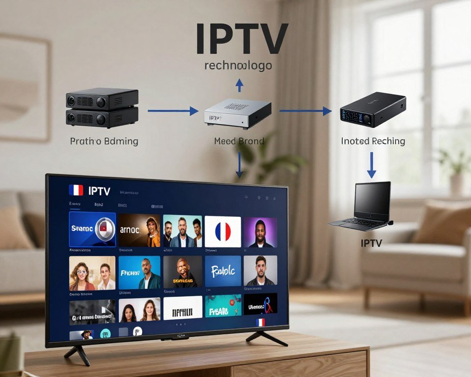 A detailed infographic illustrating the basics of IPTV technology. In the foreground, depict a sleek modern television displaying a vibrant interface of various streaming channels, with icons symbolizing French channels. In the middle, visualize a flowchart with clear connections, representing the IPTV architecture, including servers, broadband, and user devices. The background should feature a blurred home setting, suggesting a comfortable viewing environment, with soft natural lighting coming from a nearby window. Use an angled perspective to create depth, emphasizing the IPTV components. The overall mood should be informative and engaging, promoting a sense of modern technology and connectivity.