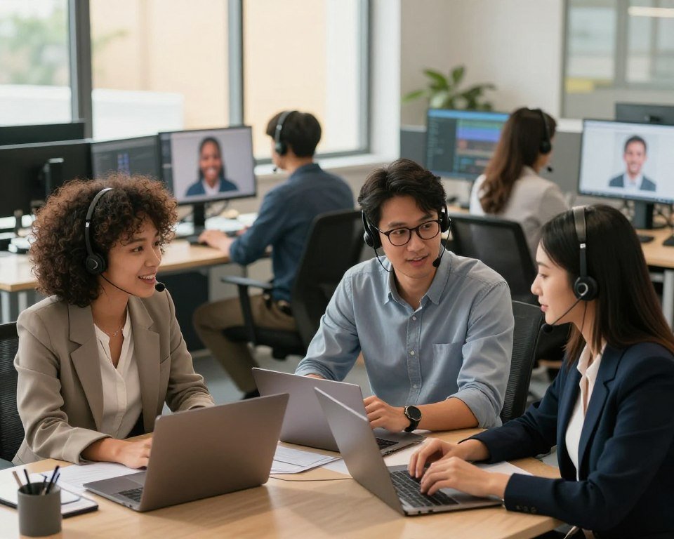 A diverse customer support team working together in a modern office environment. The foreground features three professionals: a woman with curly hair in a stylish blazer, a man with glasses dressed in a button-up shirt, and another woman with straight hair wearing a smart casual outfit, all engaged in a collaborative discussion around a table filled with laptops and notes. In the middle background, a row of desks with headsets and computer screens display friendly customer service interactions. The background shows large windows letting in warm, natural light, creating an inviting atmosphere. The overall mood is focused and friendly, emphasizing teamwork and customer care. The image is taken from a slightly elevated angle, highlighting the team's dynamic while maintaining a clean and organized visual style.