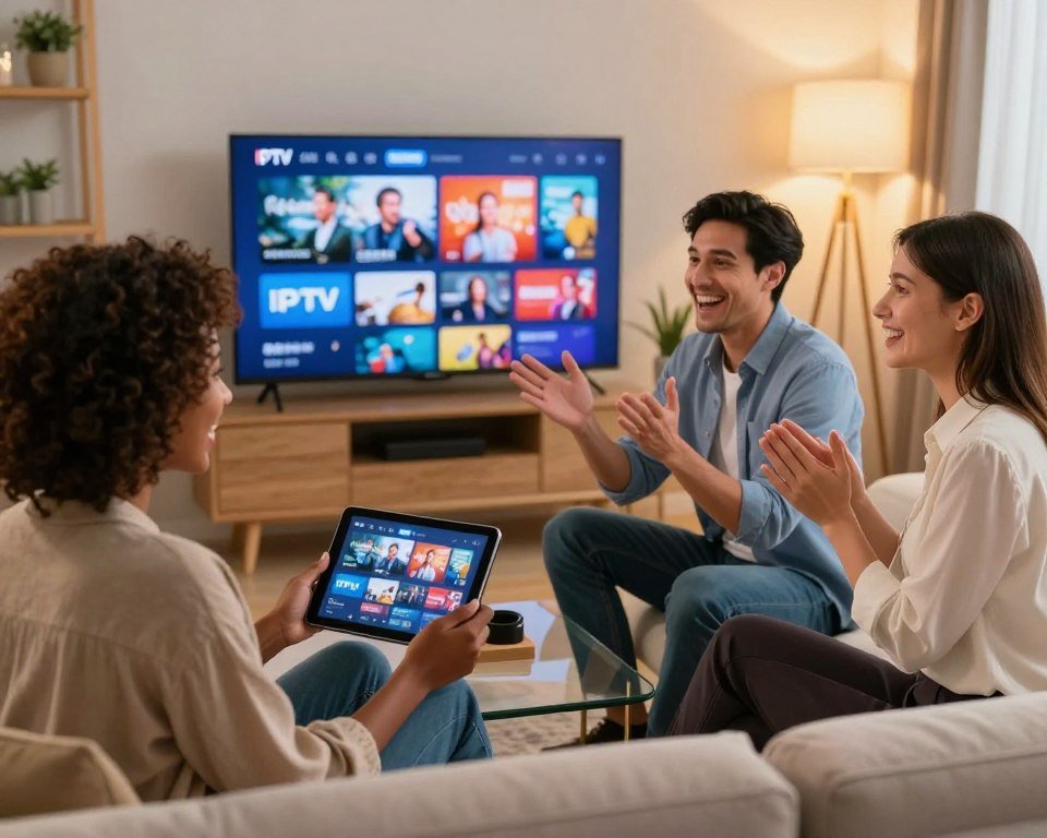 A diverse group of three happy customers in a cozy, modern living room, each engaging with their IPTV devices, showcasing a vibrant and connected atmosphere. In the foreground, a Black woman with curly hair in smart casual attire smiles while watching content on her tablet. Beside her, a Hispanic man in business casual attire gestures excitedly about his viewing experience to a Caucasian woman in a professional blouse, who is nodding in agreement. The middle-ground features a sleek smart TV displaying dynamic IPTV content. In the background, warm, soft lighting creates an inviting ambiance, with comfortable furniture and decor enhancing the scene. The focus is on their joyful expressions and the sense of community around enjoying IPTV services.
