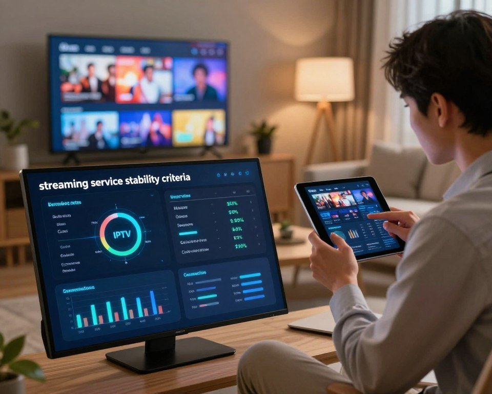 A dynamic and informative illustration representing "streaming service stability criteria" for an article section on IPTV services. In the foreground, feature a sleek, modern digital dashboard displaying key metrics such as buffering rates, uptime percentages, and connection stability indicators, depicted with glowing data visualizations. In the middle ground, show a person in professional business attire engaging with a tablet, thoughtfully reviewing IPTV options. The background should include a cozy living room scene with a large TV displaying vibrant streaming content, softly lit by ambient lighting to create a warm, inviting atmosphere. Use a balanced composition with a slight depth of field, adding a subtle focus on the dashboard while keeping the living space inviting and relatable.