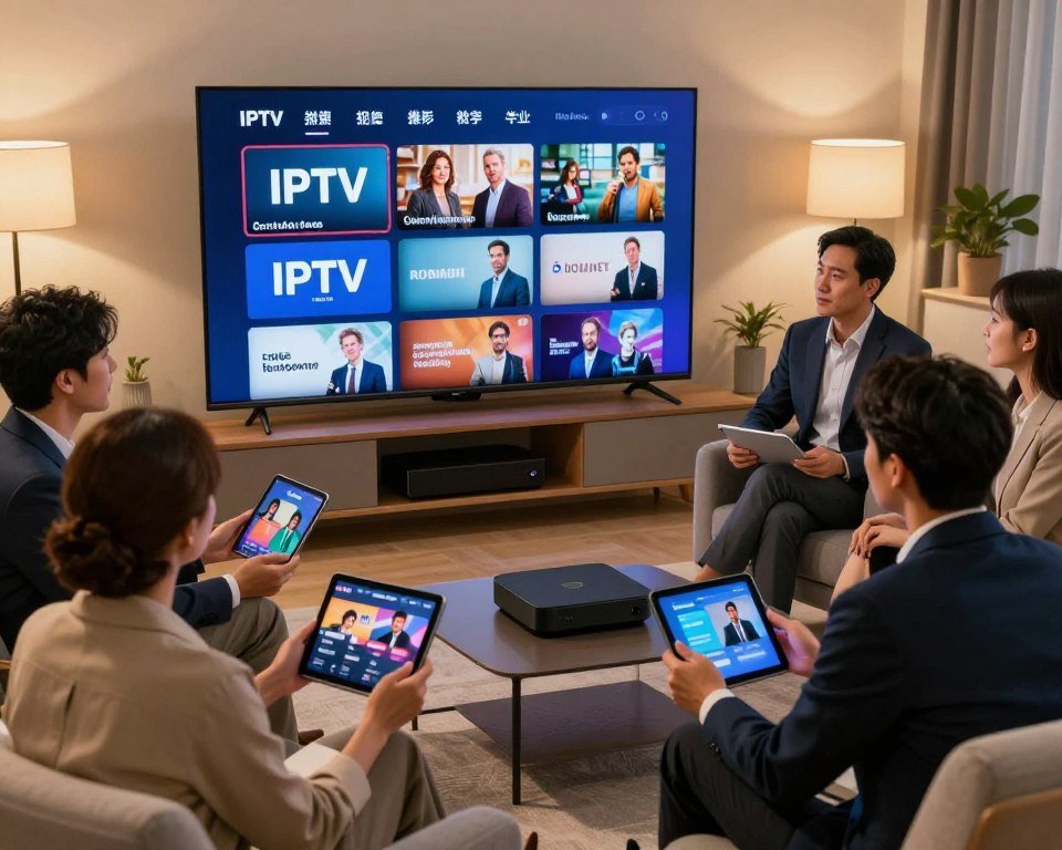 A dynamic and visually appealing scene illustrating IPTV content preferences for consumers in a Canadian context. In the foreground, a diverse group of individuals, dressed in professional business attire, are engaged in a lively discussion around a large screen displaying various IPTV streaming options. In the middle ground, an array of devices such as smart TVs, tablets, and streaming boxes are strategically placed, showcasing the modern technology associated with streaming. The background features a cozy living room setting with warm lighting, giving a sense of comfort and accessibility. The angles should highlight the engagement and collaboration among the people, emphasizing clarity and focus on their expressions, reflecting the importance of determining IPTV needs and budget. The overall mood is upbeat and informative, embodying a sense of reliability and future-forward technology in streaming.