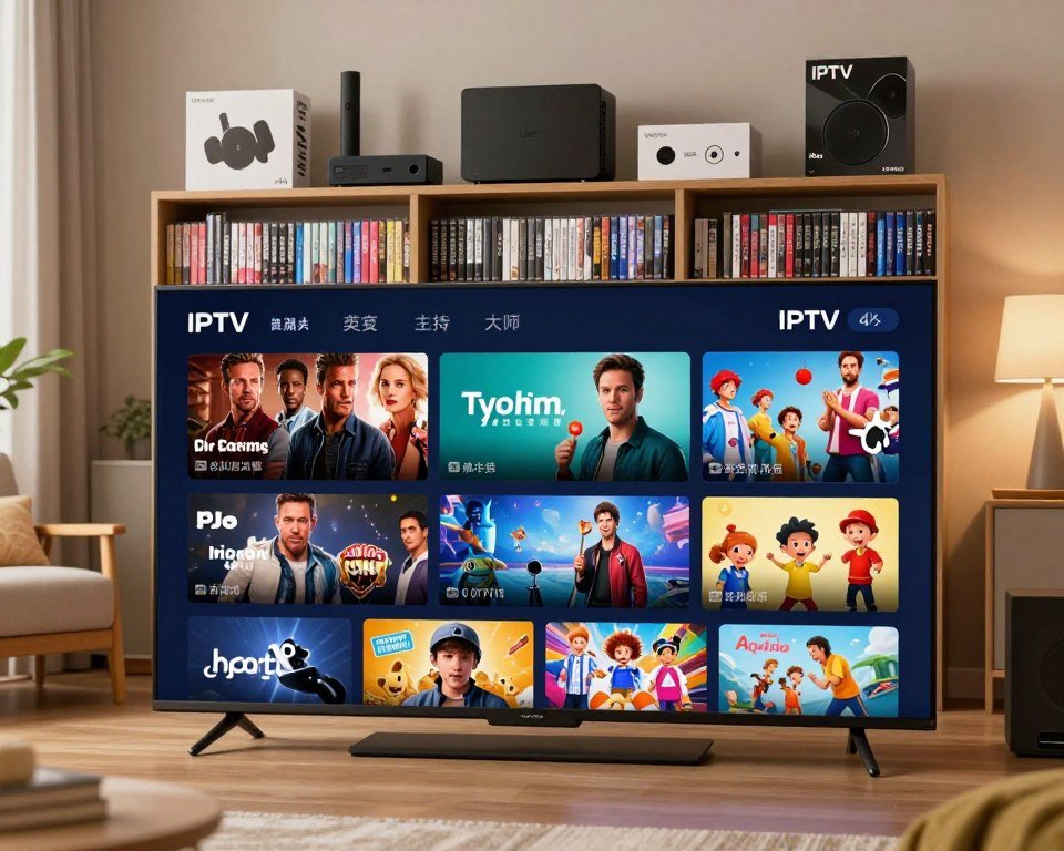 A dynamic and visually engaging television content library showcasing a variety of channels and genres. In the foreground, a sleek modern television displaying an array of vibrant channel thumbnails, including dramas, documentaries, and children's programming. The middle layer features an elegantly organized shelf filled with neatly arranged DVDs and streaming device boxes, representing diverse content options. The background includes a cozy living room setting with soft lighting, warm colors, and plush seating, evoking a welcoming atmosphere for viewers. The composition uses a wide-angle lens to capture the entire scene while creating an inviting depth. The overall mood is vibrant and engaging, highlighting the richness and diversity of IPTV content available in HD 4K resolution.