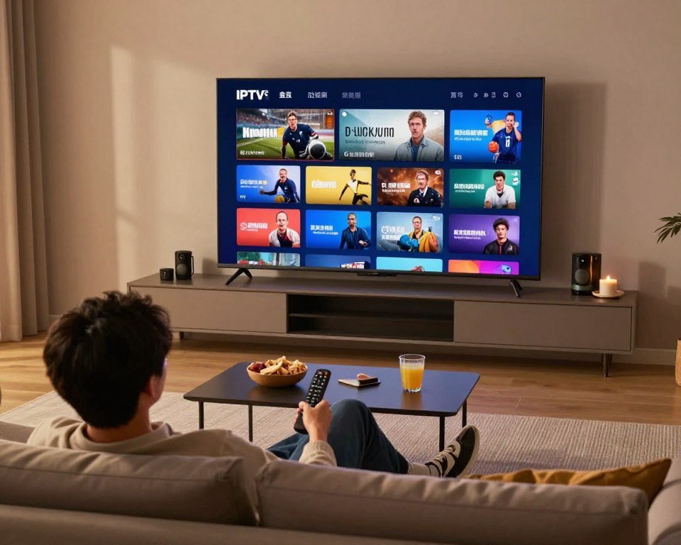 A dynamic scene showcasing a modern living room equipped with a large, sleek flat-screen television displaying an array of vibrant streaming channels, showcasing various genres such as sports, movies, and documentaries. In the foreground, a person in smart casual attire lounges comfortably on a stylish sofa, attentively watching the screen, with a remote control in hand. The middle layer features a coffee table adorned with snacks and drinks, setting an inviting atmosphere. In the background, a cozy ambiance is created with soft, warm lighting illuminating the room, accentuated by subtle shadows. The overall mood is one of relaxation and contentment, emphasizing the unparalleled variety and quality of the streaming experience offered by IPTV. Use a wide-angle lens to capture the scene vividly.