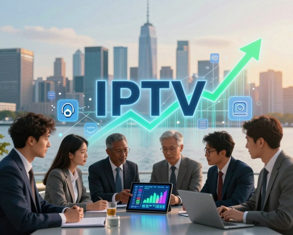 A dynamic visualization of the growth of IPTV services in Canada, showcasing a modern city skyline in the background, symbolizing technological advancement. In the foreground, a diverse group of professionals in business attire discusses a digital tablet displaying vibrant graphs and statistics about market trends and growth. The middle layer features abstract representations of streaming icons and data flow, merging smoothly into the skyline. Use a warm, inviting color palette with bright blues and greens to evoke a sense of innovation and opportunity. The lighting is soft and ambient, with a slight lens blur in the background to focus attention on the professionals. The atmosphere is energetic yet professional, conveying the excitement surrounding IPTV market developments in Canada.