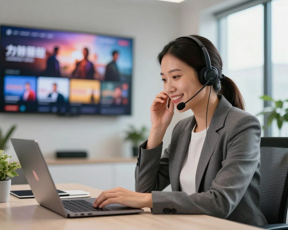 A friendly customer support representative sitting at a modern desk, wearing professional attire, engaging on a headset while assisting a customer. In the foreground, a laptop displaying a user-friendly interface is open, showcasing a streaming service. In the middle background, a large, softly lit wall display features vibrant images of popular TV shows. Soft, natural light streams in from a nearby window, creating a warm and inviting atmosphere. The office decor is sleek and contemporary, with plants adding a touch of freshness. The overall mood is professional yet approachable, emphasizing the exceptional customer support experience in the context of Canadian service. The angle is slightly tilted to focus on the representative’s engaging expression, highlighting connection and assistance.