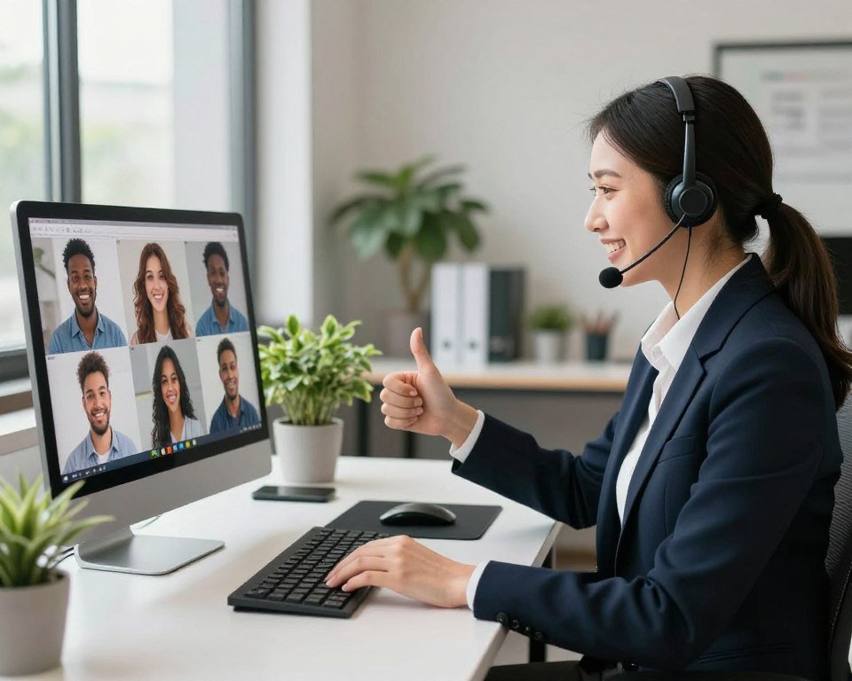 A friendly customer support representative wearing a professional business attire sits at a modern desk, equipped with a computer displaying a customer service interface. In the foreground, diverse customers appear on the screen, expressing satisfaction through smiles and thumbs up. In the middle ground, a neatly arranged office space with plants and soft lighting creates a warm, inviting atmosphere. The background features a large window that allows natural light to flood in, enhancing the cheerful ambiance. The scene captures a sense of teamwork and dedication to customer service, emphasizing a calm and professional vibe. The lighting is bright yet soft, reflecting positivity and approachability, with a focus on enhancing the feeling of assistance and support.
