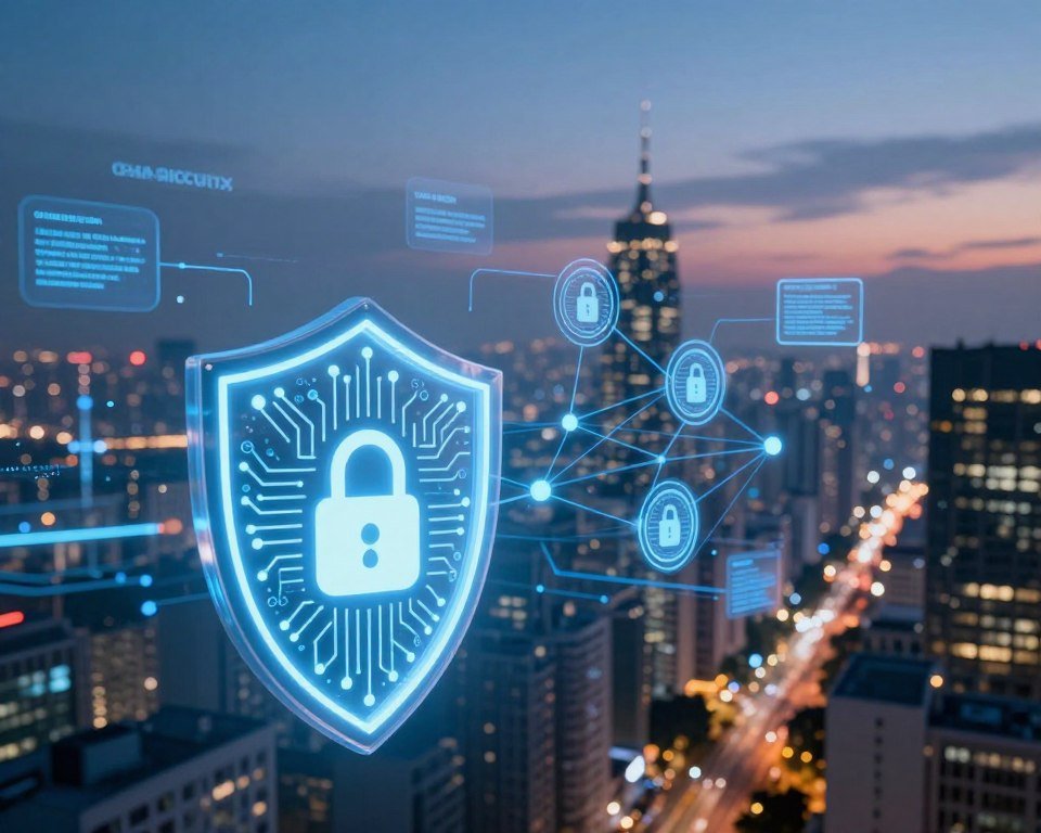 A futuristic digital landscape depicting enhanced security and VPN privacy protection. In the foreground, a glowing shield symbolizing cybersecurity, intricately designed with circuit patterns, emits a soft blue light. In the middle ground, a network of interconnected nodes illustrates data flowing securely, with visualized encryption algorithms revolving around it. The background features a city skyline at dusk, illuminated by various screens representing digital communication. The scene is bathed in ethereal lighting, suggesting a safe digital environment. The atmosphere is one of assurance and innovation, encapsulating the essence of advanced technology in personal privacy. Use a wide-angle lens for depth, emphasizing the interplay between the security shield and the dynamic city backdrop.