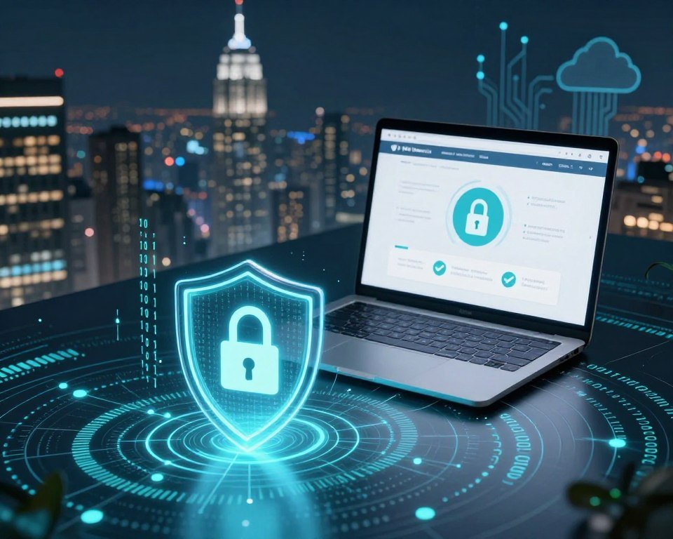 A futuristic digital landscape showcasing a secure VPN connection. In the foreground, a sleek, glowing shield represents cybersecurity protection, surrounded by binary code and a network of interconnected lines, symbolizing data streams. The middle ground features a modern laptop displaying a user-friendly VPN interface with padlocks and checkmarks, signifying enhanced privacy. In the background, a city skyline is illuminated at night, with circuits and cloud motifs subtly integrated into the buildings, creating a tech-savvy atmosphere. Use soft blue and green lighting to evoke a sense of security while incorporating a professional and trustworthy vibe. Capture the scene from a slightly elevated angle, emphasizing the interconnectedness of technology and security.