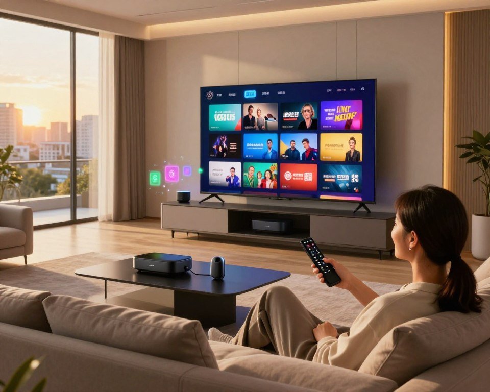 A futuristic living room, featuring a sleek, modern sofa facing a large, ultra-high-definition television displaying a stunning array of vibrant streaming content. In the foreground, a user sits comfortably, holding a sophisticated remote, with an expression of delight. Soft, ambient lighting illuminates the room, creating a warm and inviting atmosphere. The middle ground showcases various streaming devices elegantly placed on a minimalist entertainment unit, with colorful holographic icons of popular streaming services subtly floating nearby. The background reveals large windows with a view of a serene urban landscape, bathed in golden hour light, enhancing the feeling of a seamless streaming experience. The overall mood is relaxed and sophisticated, emphasizing comfort and modern technology.