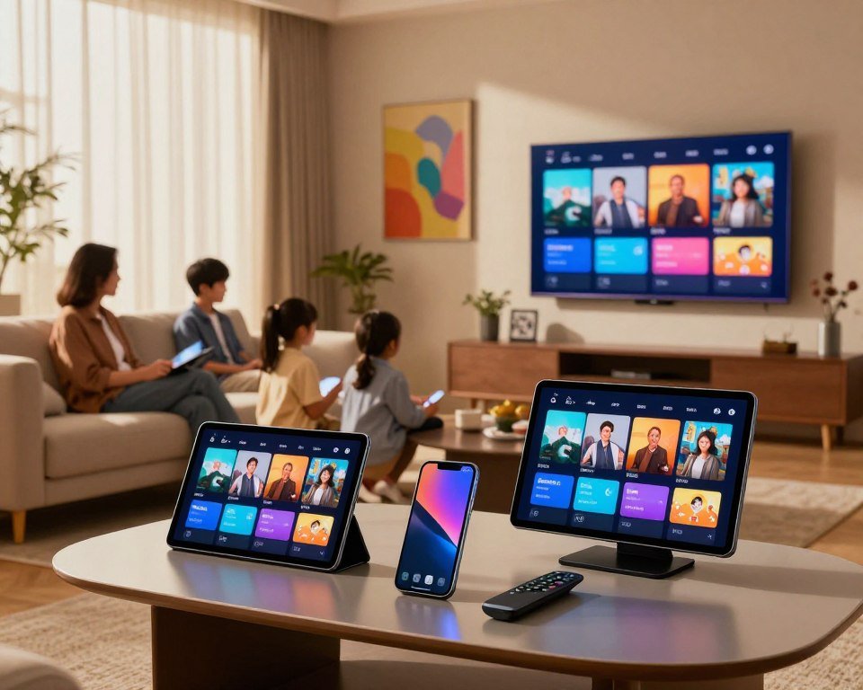 A futuristic living room scene showcasing multi-device streaming compatibility. In the foreground, a sleek, modern coffee table holds a tablet, smartphone, and a smart TV remote, all displaying the same vibrant streaming interface. The middle area features a comfortable sofa with a family of four dressed in professional casual attire, using their devices harmoniously. The background reveals a large flat-screen TV on the wall, streaming visually captivating content, with ambient lighting highlighting the room's cozy atmosphere. Soft natural light filters through large windows, casting gentle shadows, while colorful artwork adds a lively touch to the decor. The overall mood is warm and inviting, emphasizing the seamless, modern lifestyle enabled by premium IPTV services.