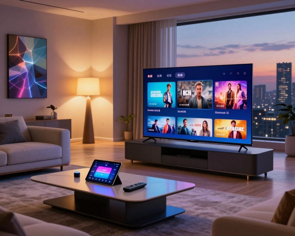 A futuristic living room setting showcasing advanced technology for streaming. In the foreground, a sleek, modern entertainment console displays a high-definition television with vivid colors streaming various media content. The coffee table is equipped with smart devices controlling the streaming experience, such as a tablet and a universal remote. In the middle ground, a comfortable sofa surrounds the console, with a cozy ambiance created by soft, warm lighting from stylish lamps. The background features abstract digital art on the walls, symbolizing connectivity and innovation, with a large window revealing a city skyline at dusk, emphasizing a sense of modern lifestyle. The mood is engaging and inviting, encouraging a sense of exploration in the world of streaming technology.
