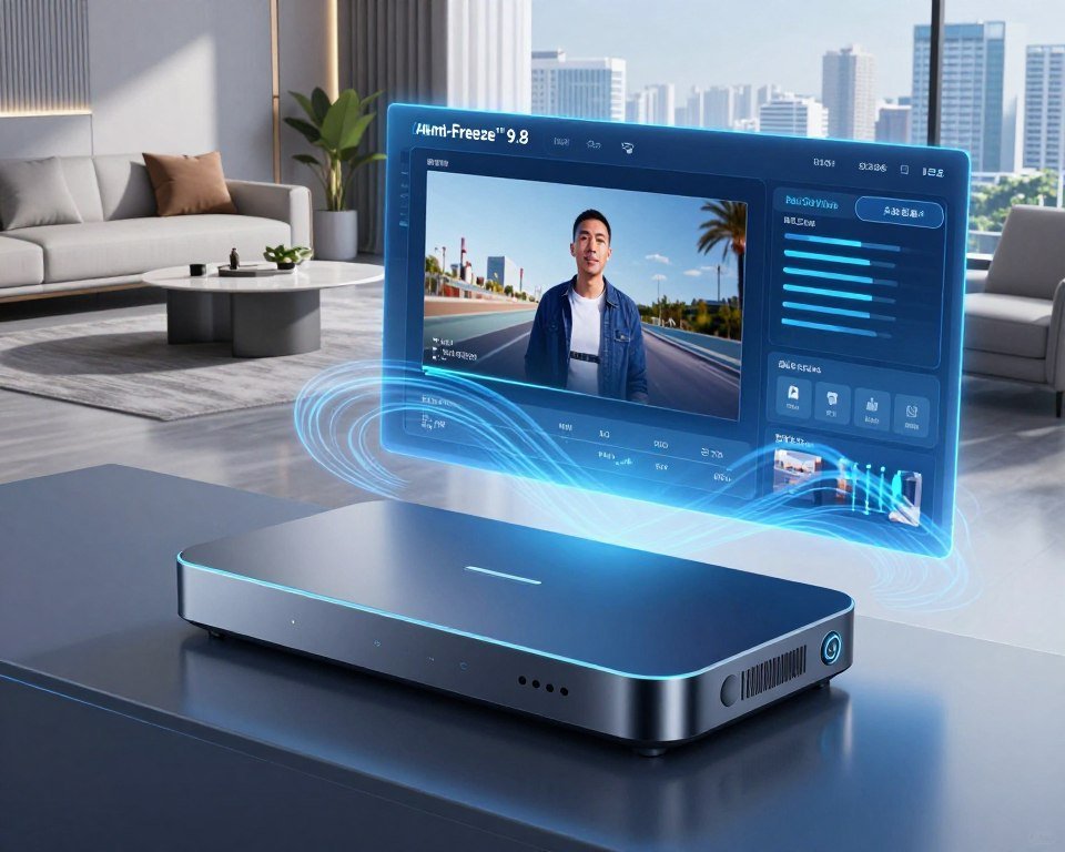 A futuristic representation of the Anti-Freeze™ 9.8 streaming technology system in a high-tech environment. In the foreground, display a sleek, modern device with glowing accents that symbolize advanced technology. The middle ground features a dynamic digital interface showcasing smooth video playback and seamless connectivity, utilizing sleek user interfaces with swirling data streams. In the background, illustrate a smart home setting with elegant, minimalistic furniture and large windows revealing a vibrant cityscape, evoking a sense of modern living. Use bright, cool lighting to emphasize the high-tech atmosphere. The camera angle is slightly tilted from above, creating a dynamic perspective that conveys innovation and sophistication. The overall mood is one of cutting-edge technology and seamless viewing experiences.