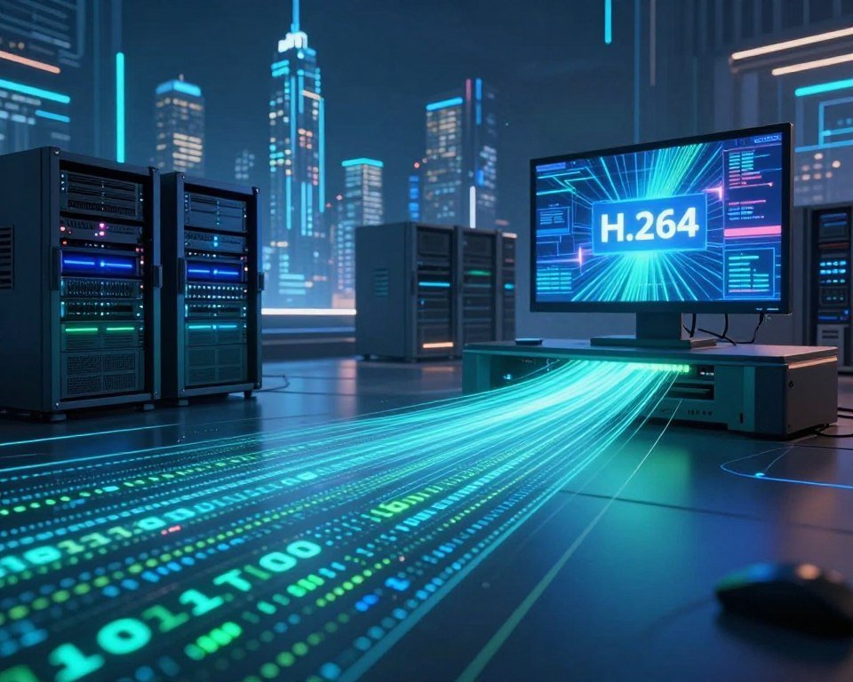 A futuristic visualization of H.264 compression technology, depicting a sleek, high-tech digital environment. In the foreground, visualize abstract data streams and binary code flowing smoothly, representing the compression process. The middle ground features stylized, modern server racks and digital screens showcasing visually stunning video content, symbolizing optimal streaming quality. The background should illustrate a dynamic cityscape with glowing skyscrapers, embodying advanced connectivity and innovation. Use dramatic lighting to highlight the data streams in vibrant blues and greens, creating a sense of depth and motion, while casting soft shadows for contrast. The atmosphere should feel cutting-edge and inspiring, evoking the promise of enhanced IPTV experiences powered by H.264 technology.
