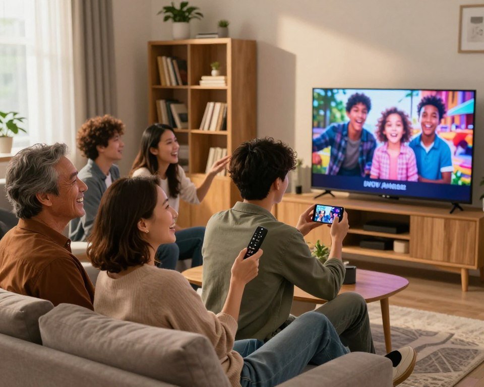 A group of satisfied IPTV clients in Quebec, gathered in a modern living room, showcasing diverse backgrounds and ages, celebrating their experience with unlimited TV. In the foreground, a middle-aged couple smiles while watching a TV screen, displaying a vibrant image of a family movie. In the middle ground, a young woman enthusiastically gestures while holding a remote, and a teenager looks excitedly at her smartphone, browsing content. In the background, a cozy wooden bookshelf is filled with books and plants, enhancing the homely atmosphere. Soft, warm lighting from a nearby window casts inviting shadows, creating a relaxed, cheerful mood, while the angle captures the interaction among the clients, highlighting their joy and satisfaction with the service.
