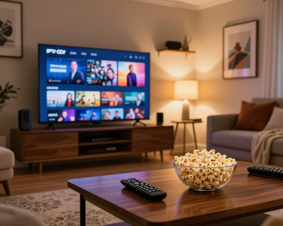 A luxurious living room setting designed for an optimal viewing experience, showcasing a large modern television displaying vibrant, high-definition IPTV content. In the foreground, a sleek wooden coffee table holds a remote control and an elegant bowl of popcorn, hinting at a cozy movie night. In the middle background, plush seating with soft, rich fabrics invites relaxation, while an ambient warm glow from stylish lamps creates a welcoming atmosphere. The walls are adorned with tasteful artwork and shelves containing various streaming devices and multimedia gadgets, emphasizing the premium aspect of the IPTV service. The scene is captured with a soft focus lens, in natural lighting, evoking a sense of comfort and sophistication, ideal for high-quality entertainment.