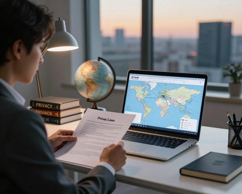A meticulously arranged workspace featuring a sleek, modern desk with a laptop displaying a map highlighting various geo-restricted regions. In the foreground, a confident business professional in smart attire examines documents on privacy laws and regulations, symbolizing legal considerations in the digital realm. The middle ground subtly includes elements like a globe, a stack of legal books on privacy rights, and a soft-lit desk lamp to create an inviting focus. In the background, a large window reveals a cityscape at dusk, casting warm light into the room, creating a sense of professionalism and urgency. The overall mood is serious yet informative, emphasizing the complexities of geo-restrictions and privacy in the context of IPTV services.