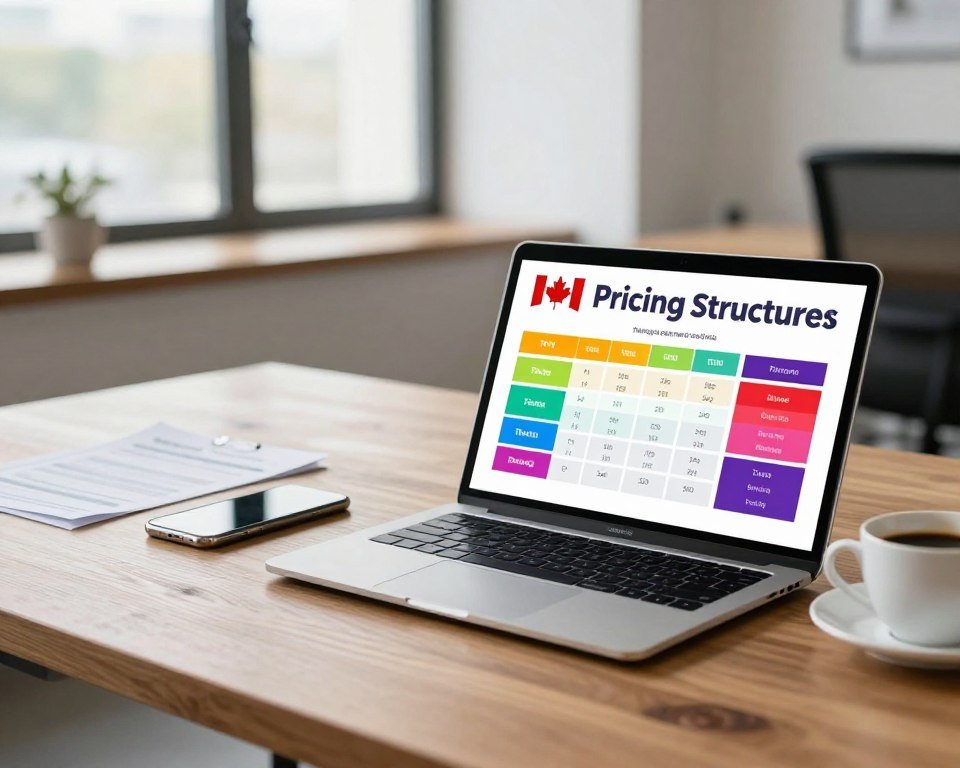 A modern and visually appealing representation of pricing structures and subscription plans for IPTV services in Canada. In the foreground, showcase a sleek tablet or laptop displaying colorful and organized charts or graphs illustrating various subscription tiers and their features. In the middle, include a polished wooden desk with professional-looking documents, a smartphone, and a cup of coffee, conveying a business atmosphere. The background should feature a softly blurred office environment, with natural light streaming in through large windows, giving a warm and inviting feel. The overall mood should be professional yet engaging, encouraging readers to explore the subscription options available.