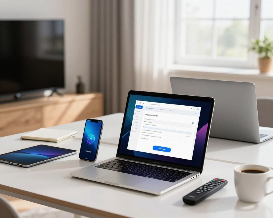 A modern, clean workspace featuring a variety of devices for setting up an IPTV service. In the foreground, a sleek laptop displays a step-by-step setup guide on its screen, surrounded by a smartphone, tablet, and smart TV remote control. In the middle ground, a well-organized desk with a notepad and a cup of coffee creates an inviting atmosphere. The background features a softly lit room with a large window letting in natural light, casting gentle shadows on the furniture. The overall mood is professional and approachable, evoking a sense of ease and efficiency. The focus should be on the devices and their arrangement, with no captions or additional text in the image.