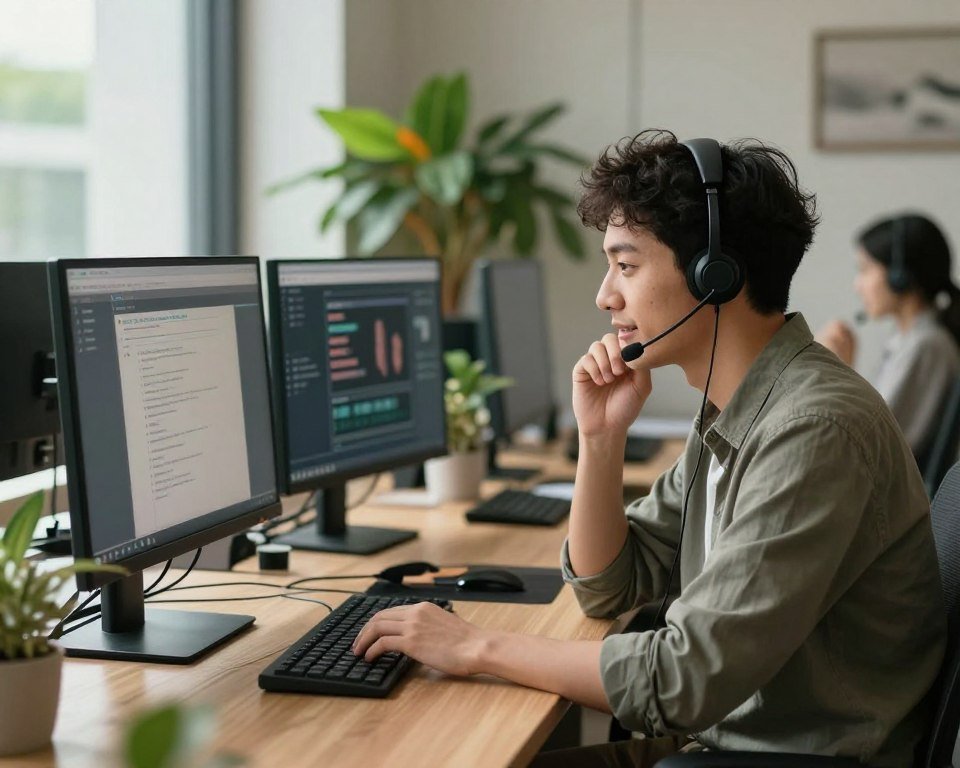 A modern, cozy customer support office environment. In the foreground, a professional looking customer service representative, dressed in business casual attire, attentively interacting with a customer via headset, showing empathy and professionalism. In the middle ground, a sleek, organized workspace with multiple computer screens displaying support software; a vibrant plant adds a touch of warmth. The background features a large window with soft natural light streaming in, creating an inviting atmosphere. The overall mood is friendly and efficient, emphasizing positive interaction. Soft focus on the background to highlight the representative and customer while retaining an engaging depth of field.