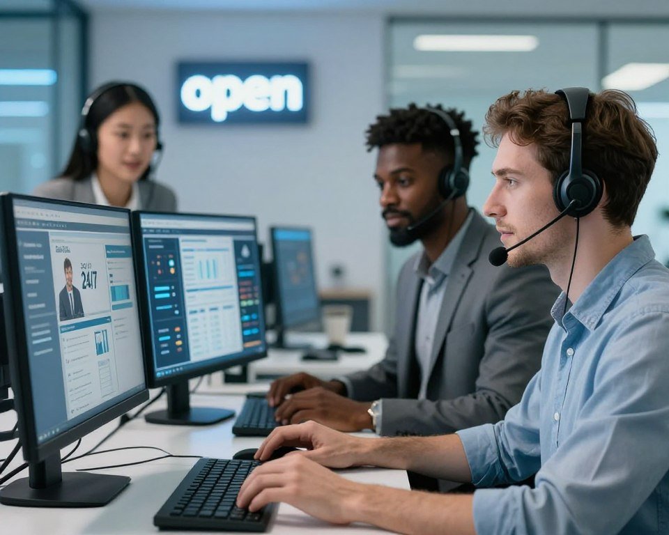 A modern customer support center depicting a diverse team of three professionals: a woman of Asian descent and a man of African descent, both wearing professional business attire, assisting a Caucasian man in casual dress, seated at a desk with multiple monitors displaying live chat and support metrics. In the foreground, a headset is prominently featured, symbolizing communication. The middle background showcases charts and icons representing 24/7 service, while a softly glowing 'open' sign hangs on the wall, emphasizing availability. The lighting is bright and welcoming, with soft blue hues suggesting a tech-savvy atmosphere. The angle focuses closely on the team, conveying collaboration and professionalism in the customer service industry.