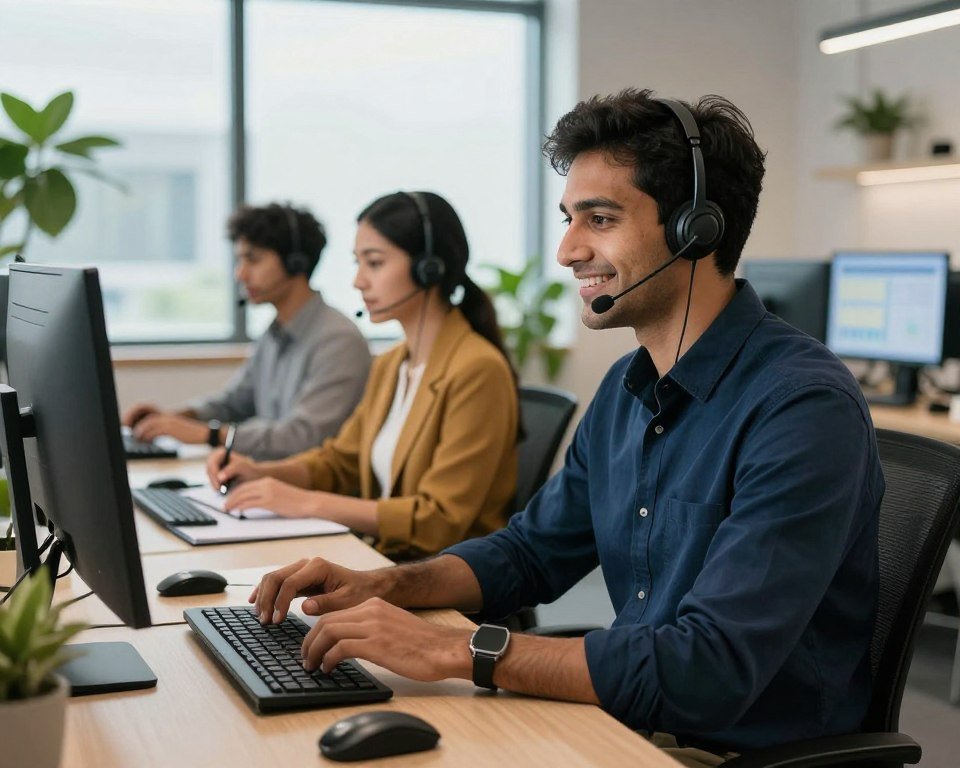 A modern customer support center scene featuring a diverse group of three support agents actively engaged in assisting customers. In the foreground, a male agent of South Asian descent is on a headset, smiling and typing on his computer, wearing a navy blue business shirt. Nearby, a female agent of Hispanic descent takes notes, her stylish office setup reflecting professionalism. In the background, large screens display helpful graphs and charts about customer satisfaction, softly illuminated by ambient lighting. The atmosphere conveys a sense of warmth and competence, emphasizing teamwork and dedication. Natural light filters in through large windows, brightening the modern workspace filled with green plants, creating an inviting environment conducive to customer support.