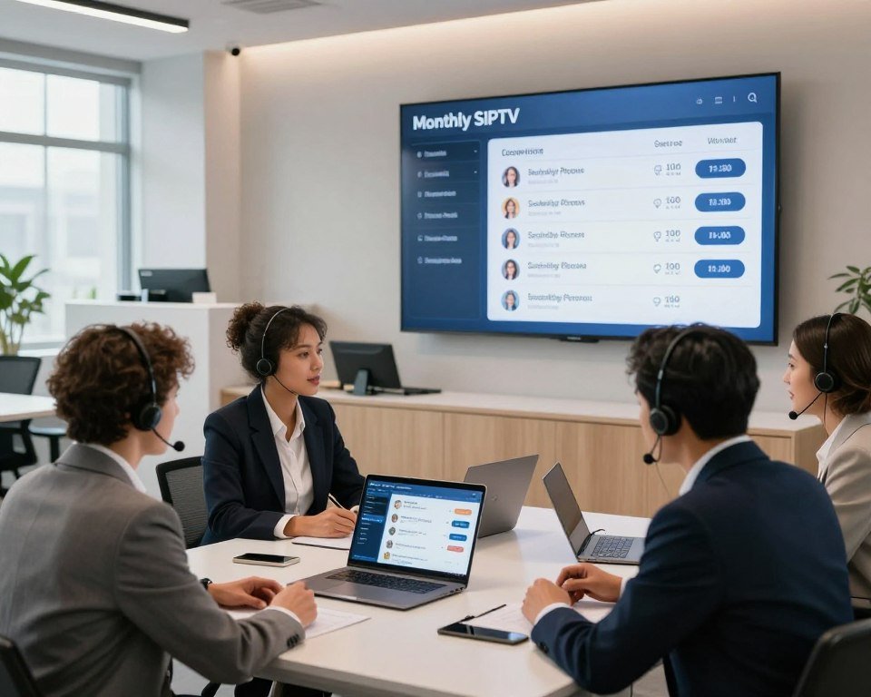 A modern customer support center within a sleek office environment. In the foreground, a diverse group of three professionals in business attire is engaged in a discussion, with a laptop open displaying various subscription options. The middle ground features a large screen or digital board showing monthly pricing plans and customer service features, like live chat and support hours. The background includes a welcoming reception desk and soft ambient lighting, creating a calm atmosphere. The scene is well-lit with natural light streaming through large windows, enhancing the professional feel. The camera angle is slightly elevated, providing a clear view of the interactions, emphasizing collaboration and support in the IPTV service context.