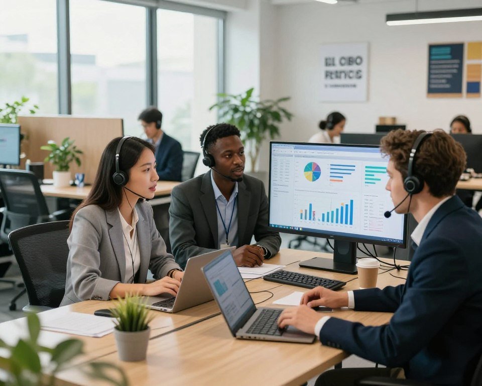 A modern customer support service environment, featuring a diverse group of three professionals in business attire: a woman of Asian descent, a man of African descent, and a Caucasian woman, all engaged in a collaborative discussion while looking at a large screen showcasing data analytics related to customer inquiries. The foreground includes stylish desks with headsets and laptops. In the middle, a bright, open office space with soft natural lighting streaming in through large windows, and modern decor that includes green plants and motivational posters. The background shows a dedicated support area with separate pods for phone support, fostering a sense of teamwork and efficiency. The atmosphere is vibrant, focused, and professional, emphasizing the importance of comprehensive customer service.