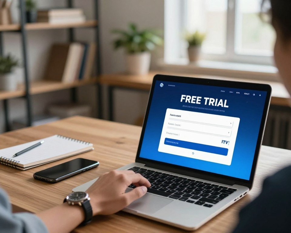 A modern digital workspace showcasing the registration process for an IPTV service. In the foreground, a clean laptop screen displays a vibrant sign-up form with fields to fill out, like name, email, and password, illuminated by soft blue light. A hand, wearing a professional watch, hovers over the keyboard, suggesting action. In the middle ground, a stylish office desk with a smartphone and a notepad lies beside the laptop, hinting at the multitasking nature of the free trial sign-up. The background reveals a cozy home office environment with shelves holding books and a potted plant, bathed in natural light from a nearby window, creating a welcoming and productive atmosphere. The overall mood is focused and professional.