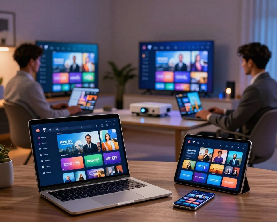 A modern, dynamic composition illustrating multi-platform compatibility in a tech-savvy environment. In the foreground, a sleek laptop and a tablet showcase vibrant screens displaying an IPTV interface, while a smartphone lies nearby, also featuring the same content. In the middle ground, a diverse group of professionals in smart business attire are engaged, each using different devices like streaming on a smart TV and casting to a projector. The background features a stylish home office setting with subtle lighting that emphasizes a cozy yet high-tech ambience. Soft glow from screens contrasts with ambient room lighting, creating a warm and inviting atmosphere. The focus is clear and well-defined, using a slight depth of field to draw attention to the devices and user interaction, symbolizing seamless access across platforms.