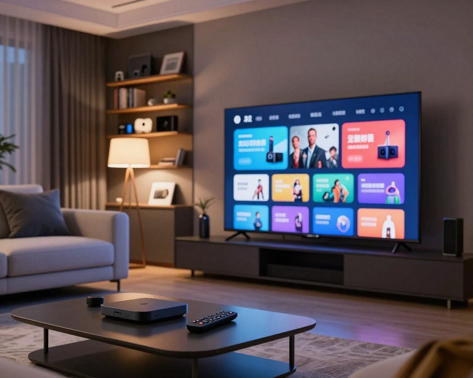 A modern, high-tech living room featuring a large flat-screen TV displaying a vibrant streaming interface. In the foreground, a sleek coffee table holds a remote control and a streaming device, suggesting user interaction. In the middle ground, a comfortable sofa is adorned with contemporary cushions, inviting relaxation. The background showcases stylish bookshelves filled with tech gadgets and decor items, blurred slightly for depth. Soft, ambient lighting from strategically placed lamps creates a cozy atmosphere. The setting should convey a sense of cutting-edge technology and quality, with a focus on clarity and high-definition streaming. A wide-angle perspective captures the essence of a modern viewing experience, free of any text or branding.
