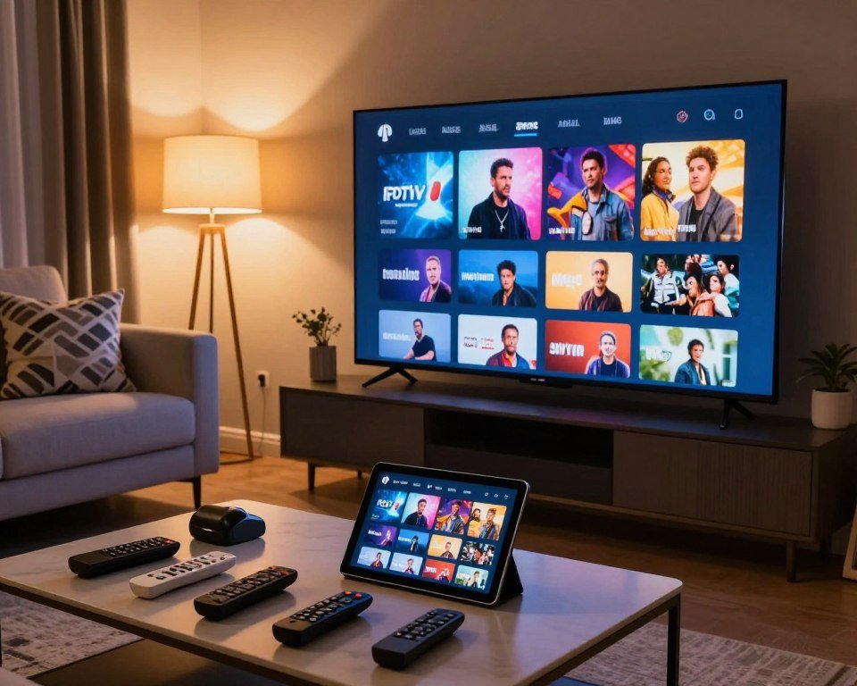 A modern home entertainment setup showcasing a large flat-screen television displaying a vibrant interface filled with various IPTV channel icons and content library thumbnails. In the foreground, a stylish coffee table is cluttered with remote controls and a sleek tablet displaying the same interface, hinting at user interaction. The middle ground includes a comfortable couch adorned with decorative pillows, inviting viewers to sit and explore. The background features warm, ambient lighting from stylish lamps, casting a cozy glow throughout the room. The atmosphere feels inviting and engaging, highlighting the excitement of discovering new content. Shot from a slightly elevated angle to capture the room's layout and make the screen the focal point, emphasizing a sense of modern technology and leisure.