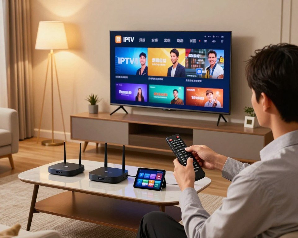 A modern home living room featuring a sleek TV mounted on the wall, displaying vibrant IPTV content. In the foreground, a tech-savvy individual, dressed in professional attire, is holding a remote control and pointing it towards the TV, symbolizing installation and device compatibility. The middle ground includes a coffee table with various devices like a streaming box, router, and tablets, emphasizing device support. The background shows a cozy atmosphere with warm lighting coming from a floor lamp, enhancing the inviting feel of the room. The angle captures the room from a slight elevation, showcasing the layout and devices seamlessly connected. The overall mood should be engaging and innovative, illustrating the ease of use and modern technology in home entertainment.